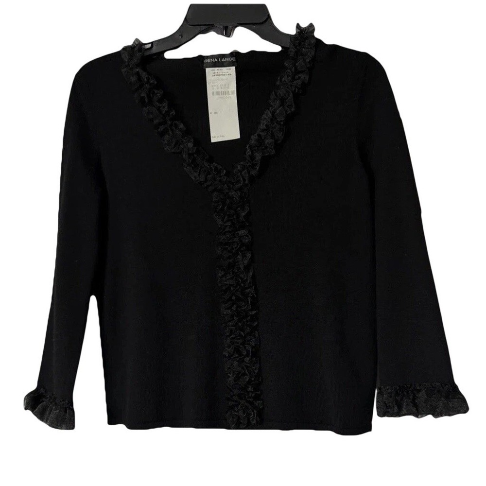 Rena Lange Womens Long Sleeve Wool Black Lace Pullover Top Blouse Shirt Size 8